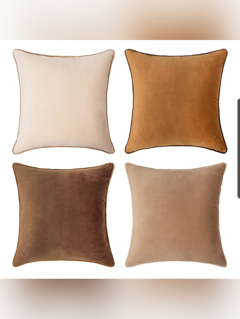 Velvet Throw Pillow Covers in Neutral Browns And Cream - Set of 4 Size 20 X 20